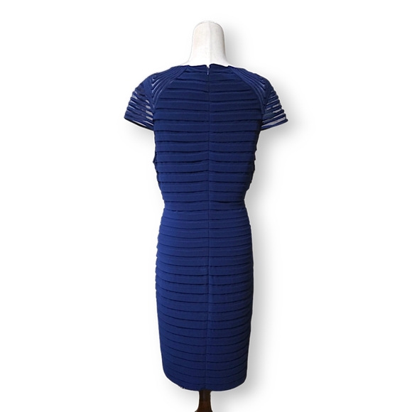 Adrianna Papell Navy Blue Shutter Pleat Sheath Illusion Cocktail Party Dress, 16 - Picture 6 of 14